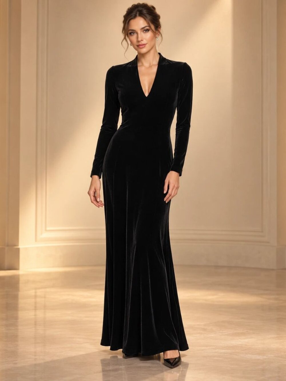 Vintage Bruno Duluc for Kush Black Velvet Maxi Dress V Neck Bodycon S NWT